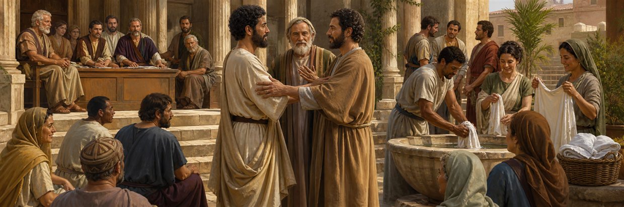 Two reconciled believers with a mediator beside people washing and receiving clean garments